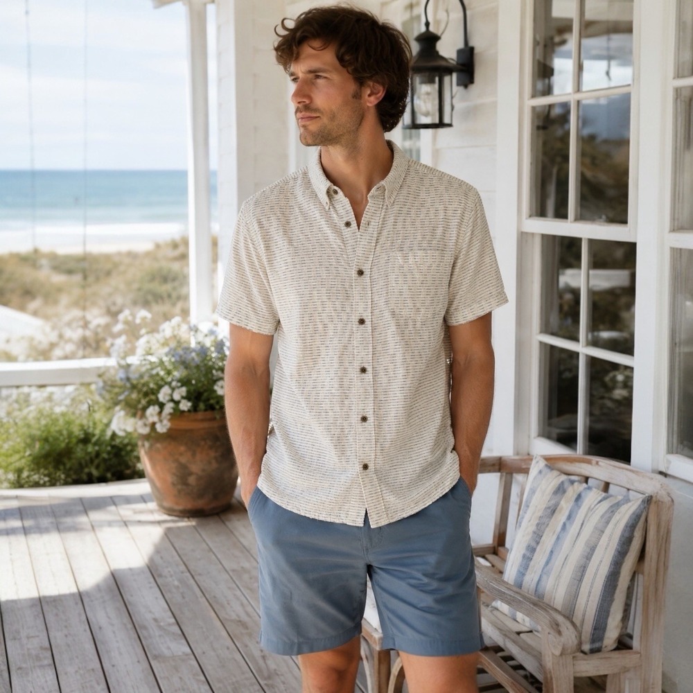 Toad&Co Organic Cotton Striped Button Up Shirt Men's Medium Coastal Casual
